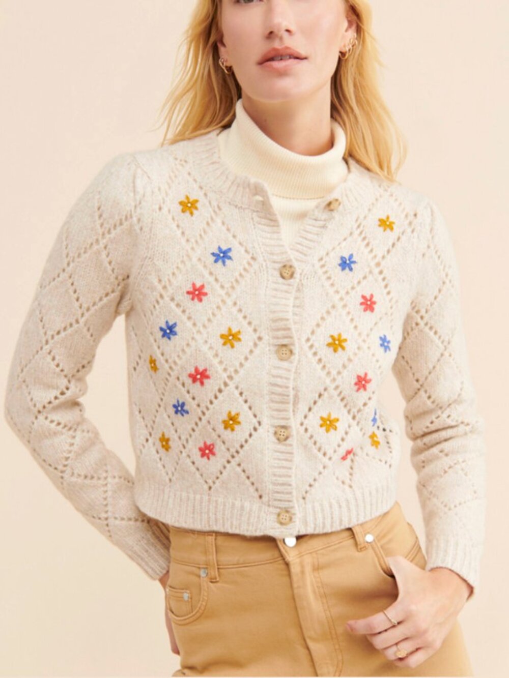 Saylor Surrey Embroidered Cardigan Cream Floral Cropped Button Down Sweater